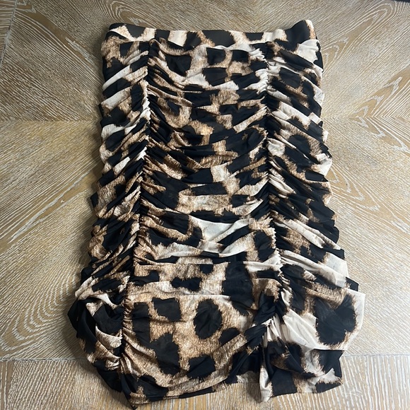 GANNI Women's Brown Ruched Leopard-print Mesh Skirt 40 - Picture 8 of 12